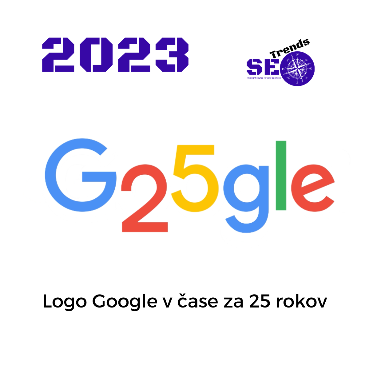 Rok 2023 logo: 25 rokov Google vyhľadávania.